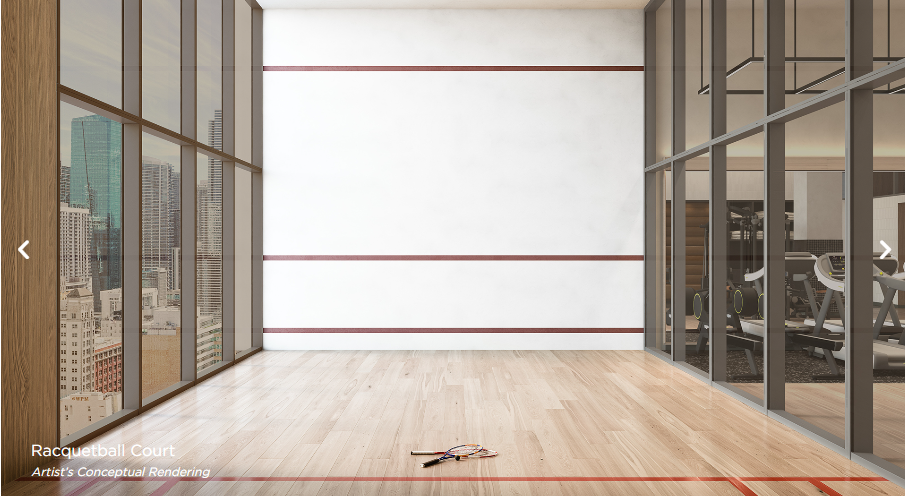 Racquetball court — dedicated court on amenity level